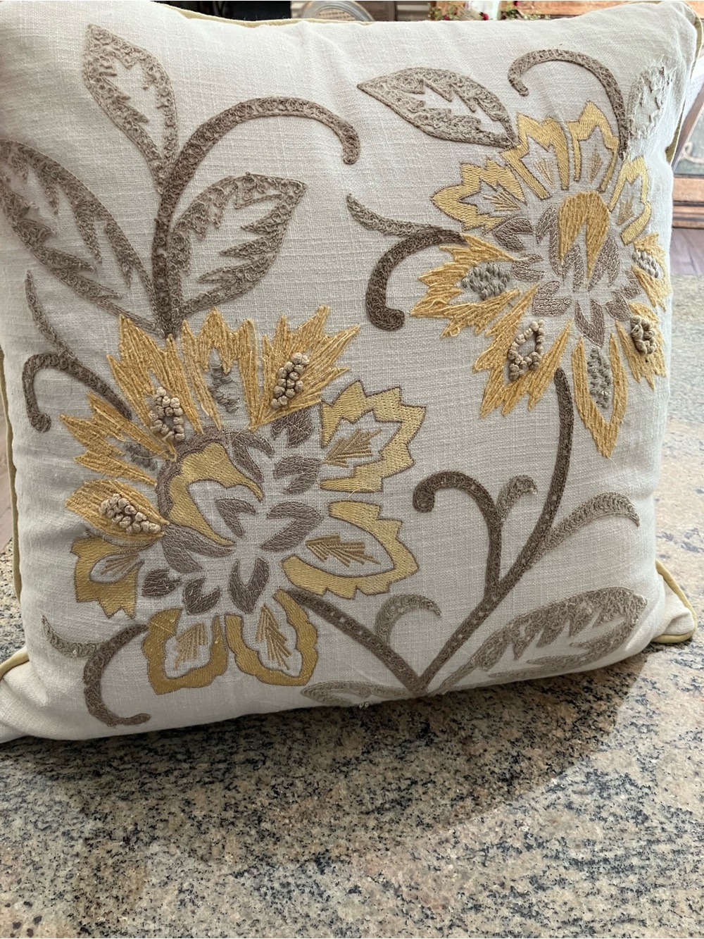 Pier 1 Cream Throw Pillow with Gold and Taupe Floral Embroidery
